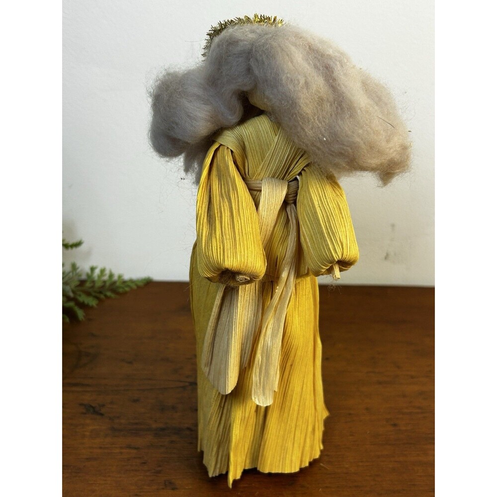 Vintage Folk Art Corn Husk Doll Woman Angel With Grey Hair And Halo